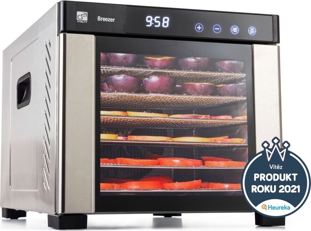 A food dehydrator with multiple trays filled with food, displayed on a white background.