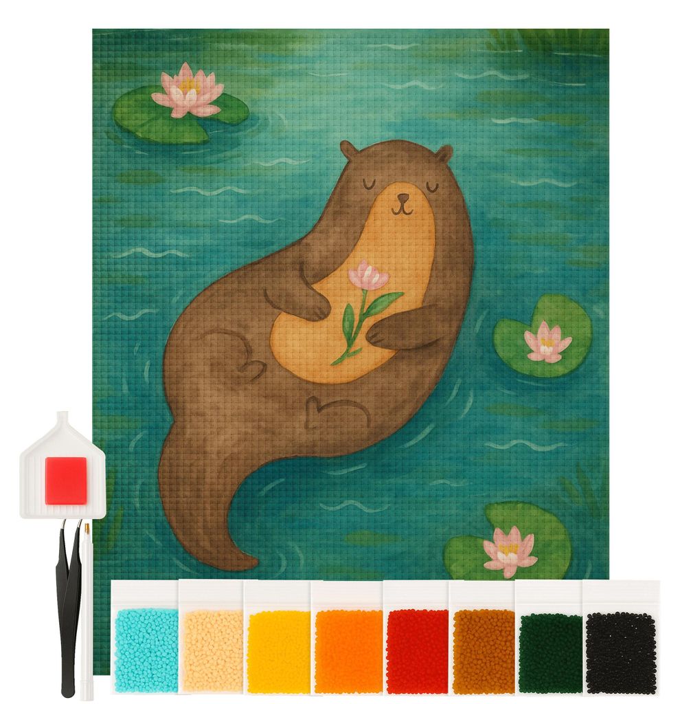 Mr. & Mrs. Panda Diamond Painting Otter Seerose Design 40 x 50 cm Mit Rahmen - Weiß - Geschenk, Fluss, diamant, set, Seeotter, glitzerbild, Wasser...