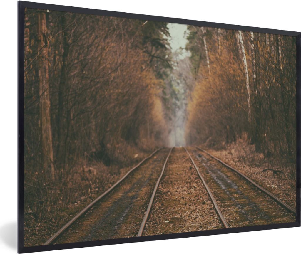 MuchoWow Gerahmtes Poster Bahnstrecke - Weg - Wald - Baum 90x60 cm - Poster mit Schwarzem Bilderrahmen Wandposter Rahmen Foto Bilder - Fotorahmen...