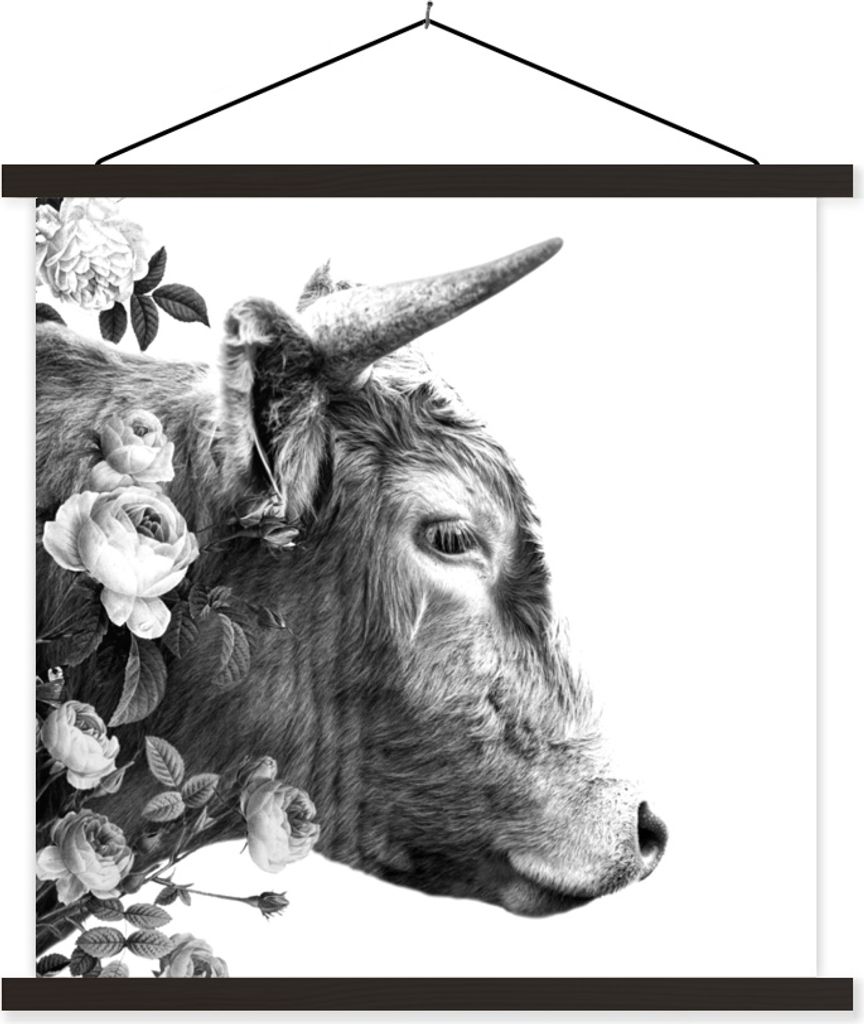 MuchoWow Textilposter Schottisches Hochlandrind - Blumen - Schwarz - Weiß 90x90 cm mit schwarzem Rahmen - Magnetisches