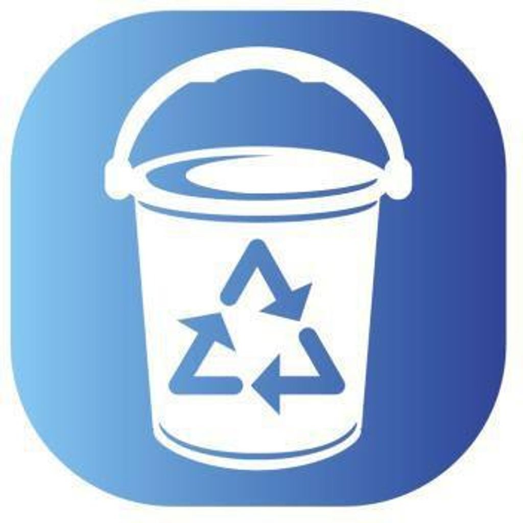 A white bucket with a recycling symbol on it, set against a blue gradient background.