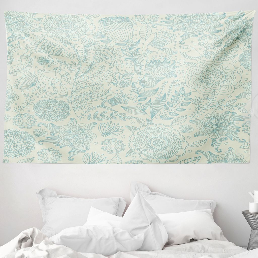 ABAKUHAUS Blau und Grün Wandteppich, Antike Blumen aus Weiches Mikrofaser Stoff Waschbar ohne Verblassen Digitaldruck, 230 x 140 cm, Hellgrün und...
