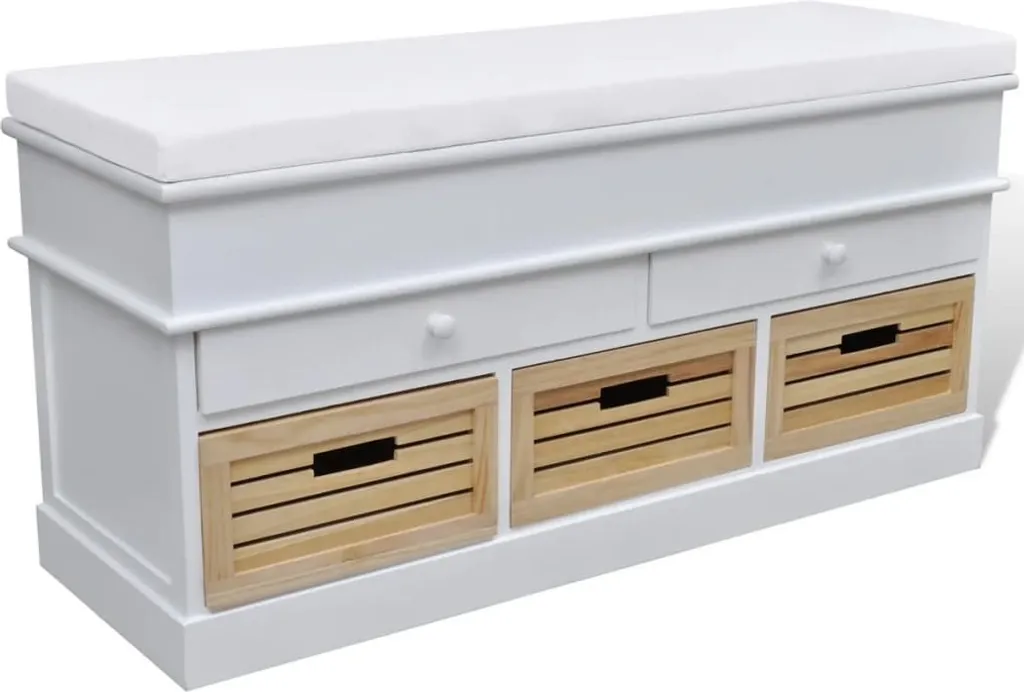 Banc à chaussures pour couloir blanc avec assise confortable et tiroirs