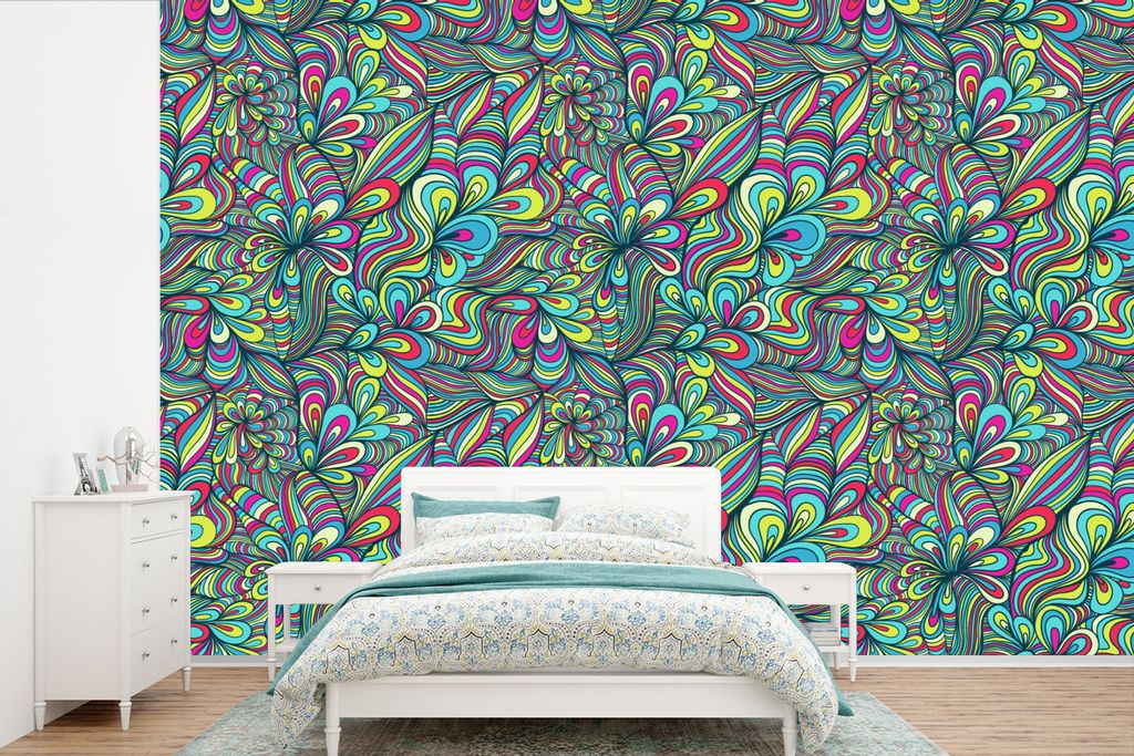 MuchoWow Fototapete für Wohnzimmer oder Schlafzimmer Wandtapete Vinyl Motivtapete Fantasie - Design - Farben - Retro - 450x300 cm - Gemusterte