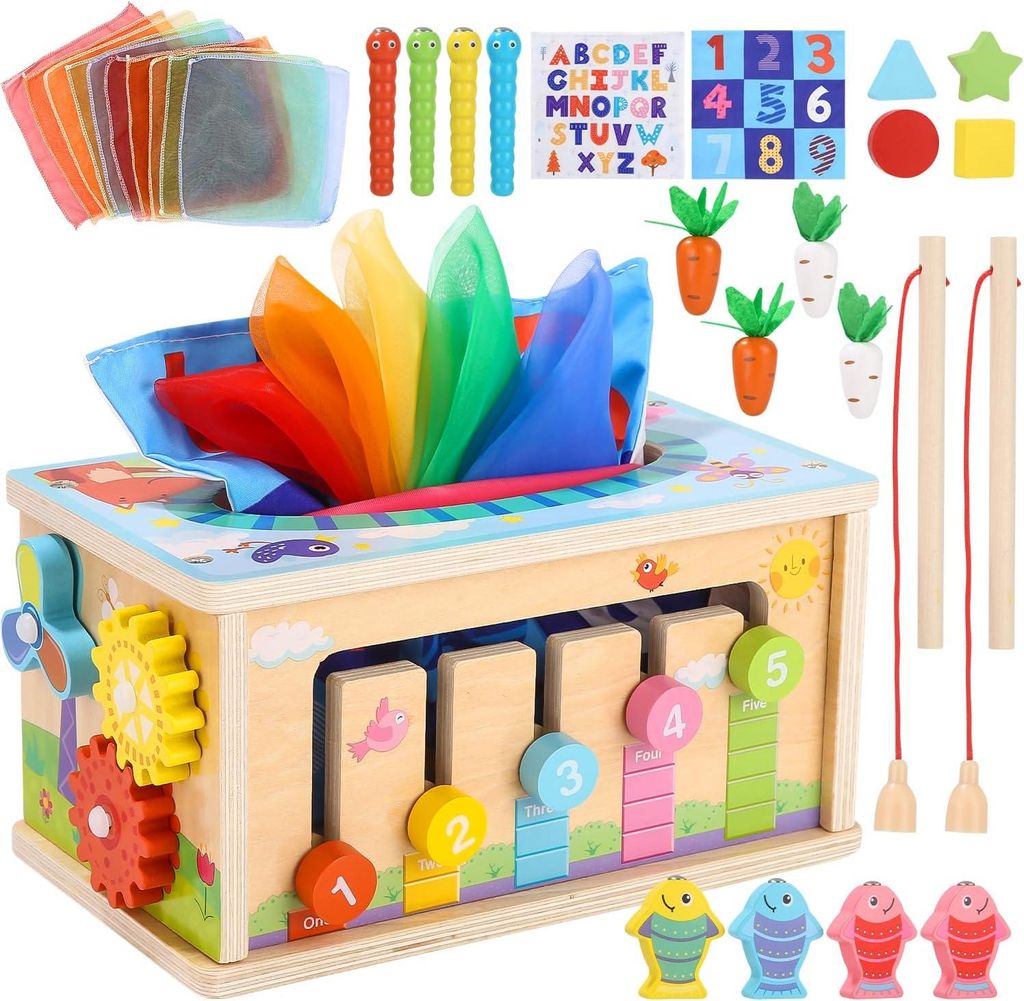 Montessori Spielzeug ab 1 2 3 Jahr,6-in-1 Tücherbox mit Knistertuch, Motorikwürfel Holzspielzeug,Kinder Holzspielzeug Motorikspielzeug