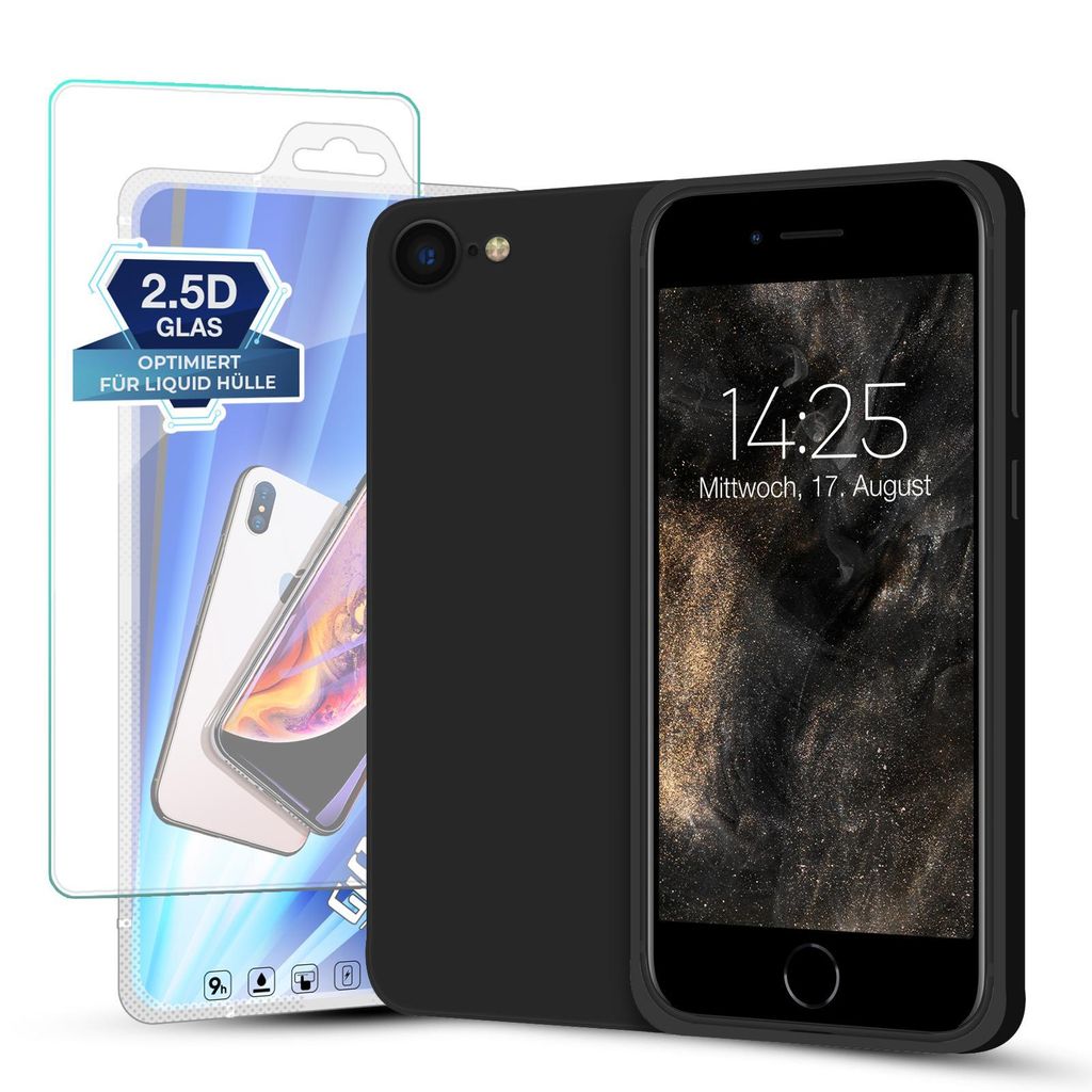 Hülle für Apple iPhone 7 / 8 / SE 2020 mit 9H Displayglas Displayschutz Plus Case Cover Bumper Silikon Softgrip Schutzhülle Farbe: Schwarz