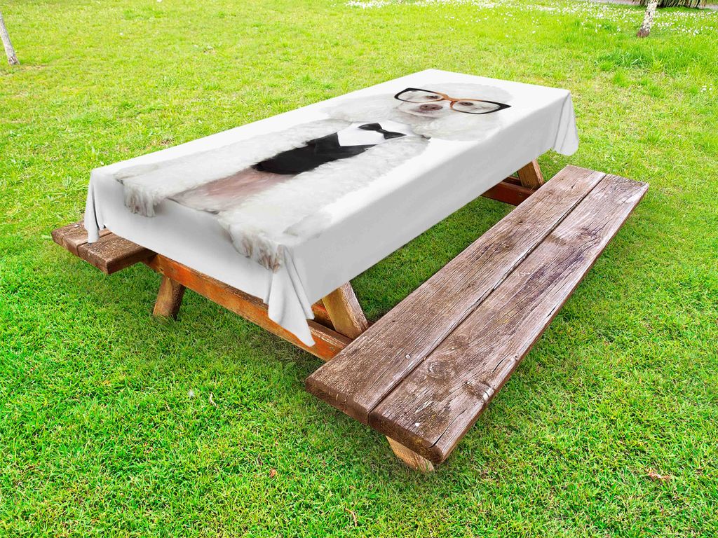 ABAKUHAUS Pudel Tischdecke Outdoor, Präparierte Hund in einem Smoking und in den Gläsern sitzen, Weiß Dunkelgrau Kokosnuss, 145x265cm