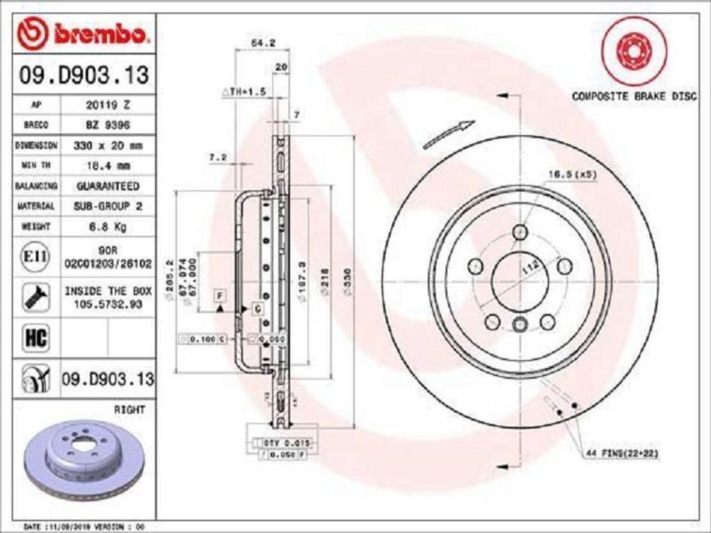 Bremsscheibe BREMBO 09.D903.13 Produktbild 