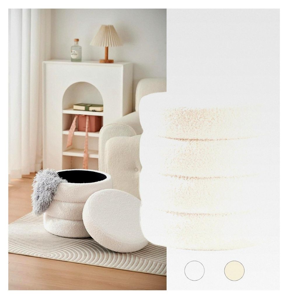 Runder Teddy Hocker mit Stauraum - Sitzhocker, Schminktisch & Aufbewahrungshocker für Wohnzimmer, Schlafzimmer & Kinderzimmer (Weiß)