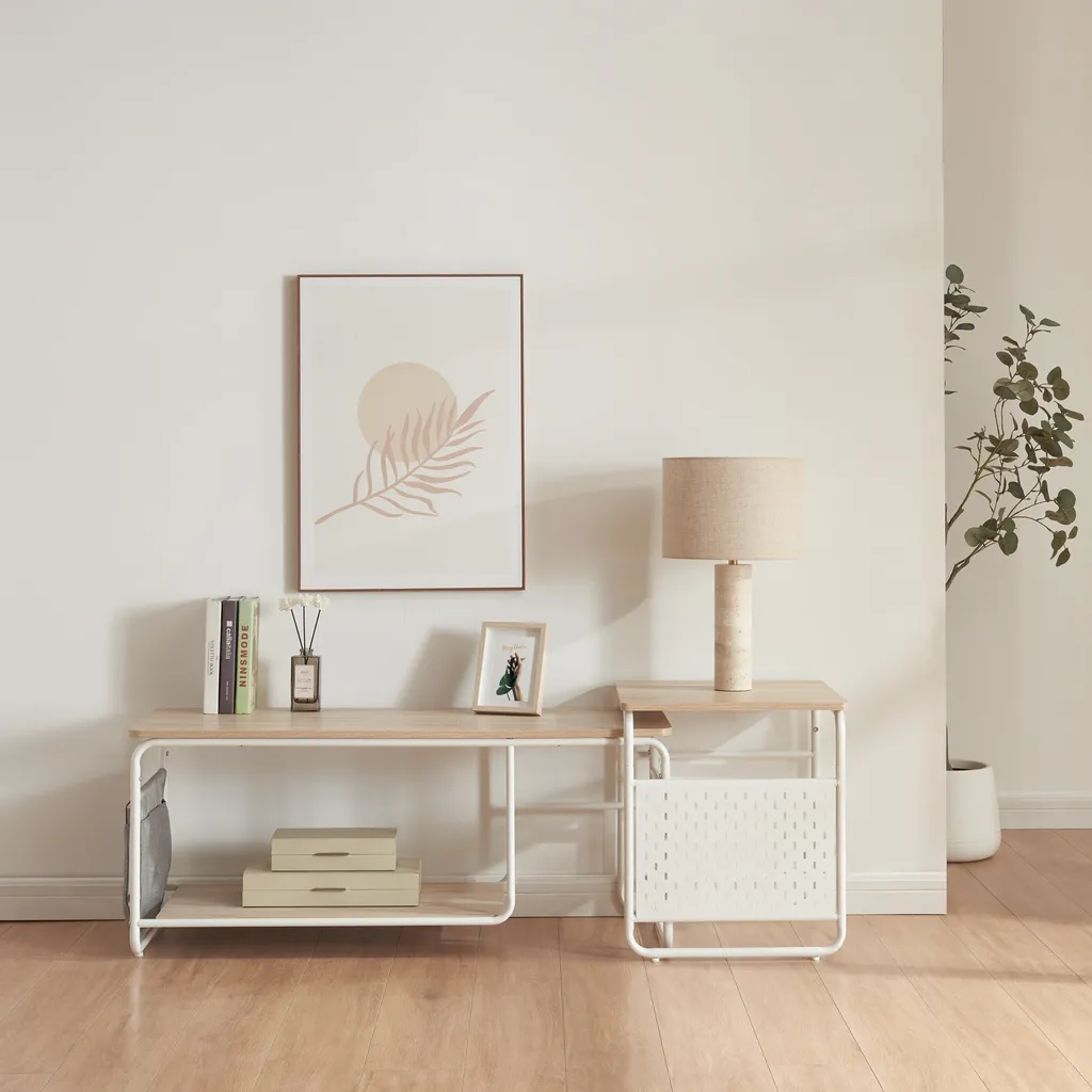 Table de télévision Dyrøy blanc et chêne avec table d'appoint