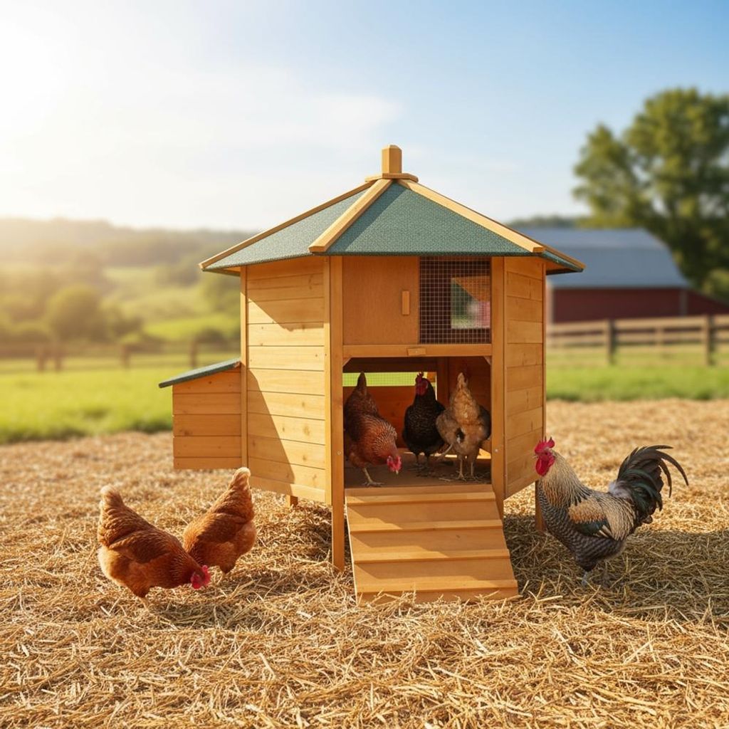 Hühnerhaus sechseckig aus Holz mit Nestbox & Rampe, Freigehege artgerecht