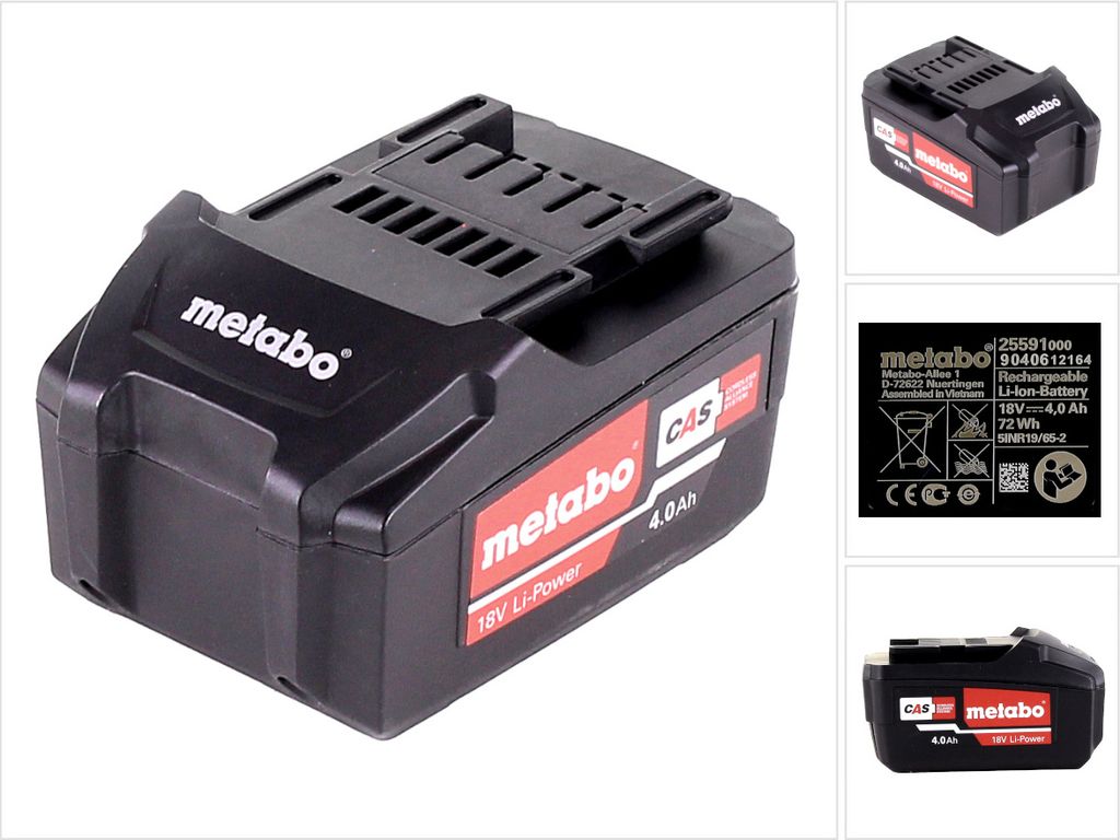 A collage of images showing a Metabo 18V 4.0 Ah Li-Power battery pack from different angles, including a close-up of the main product and a detail shot of its label.