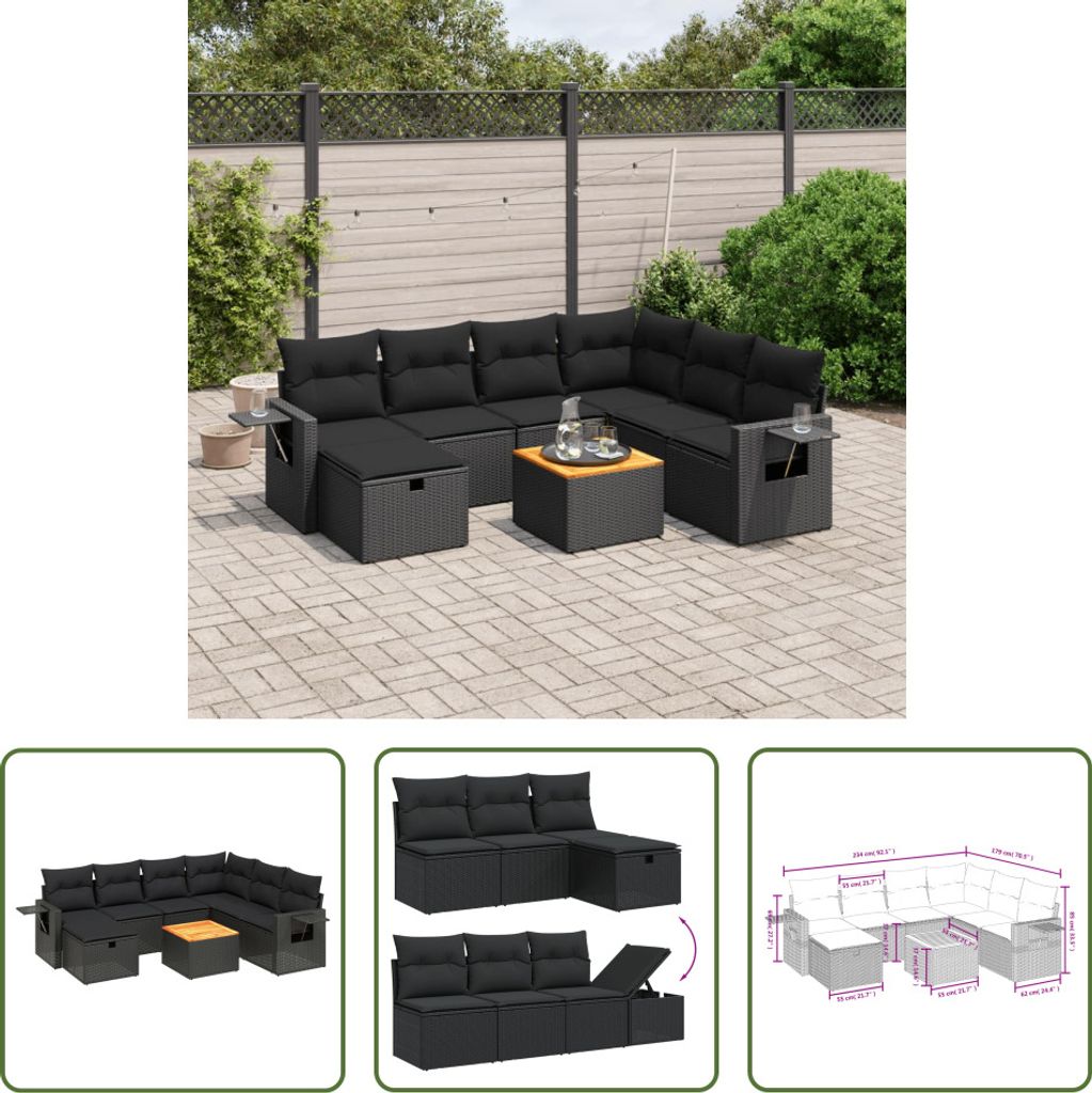 The Living Store 8-tlg. Garten-Sofagarnitur mit Kissen Schwarz Poly Rattan