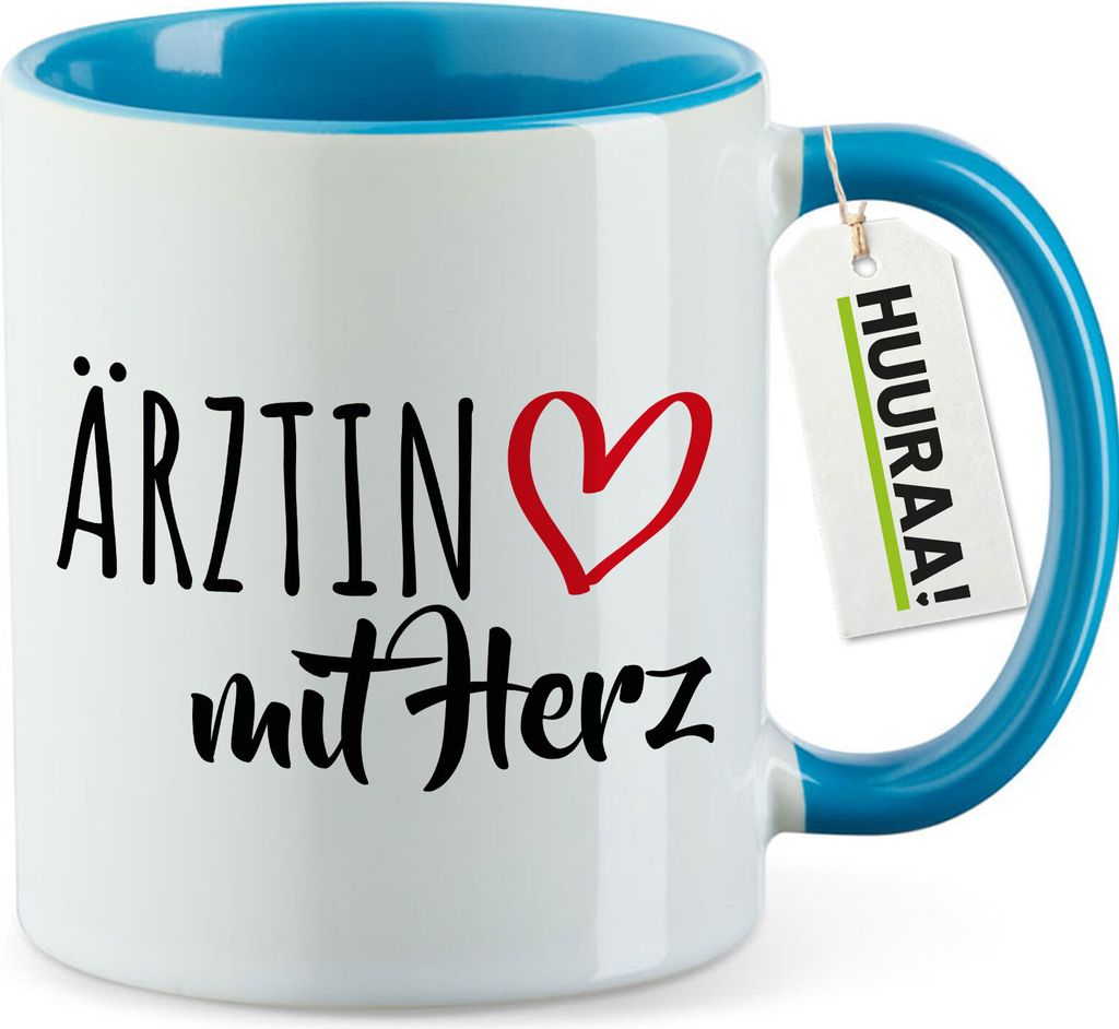 Huuraa Kaffeetasse Ärztin mit Herz 330ml Blau Keramik Kaffeebecher Geschenkidee