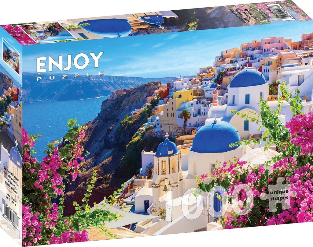 Puzzle 1000 dielov Enjoy – Pohľad na Santorini s kvetmi, Obrázok produktu 