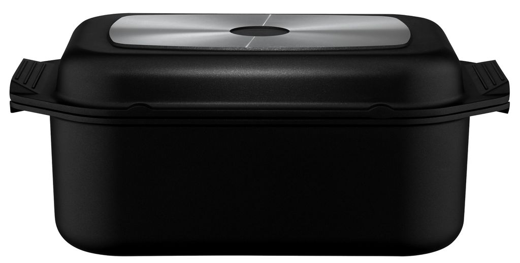 A black roasting pan with a silver lid.