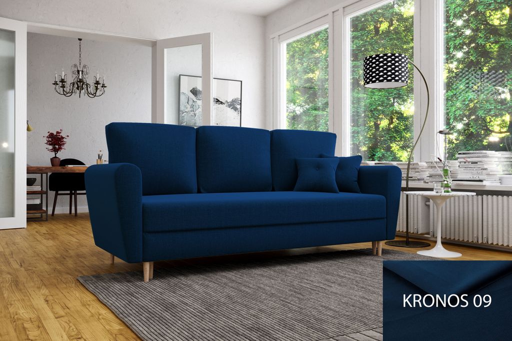 Schlafsofa LILI, Sofa mit Schlaffunktion und Bettkasten, Klappsofa, Schlafcouch mit Füßen aus Naturholz, Couch in Frabe: Blau, Veloursstoff