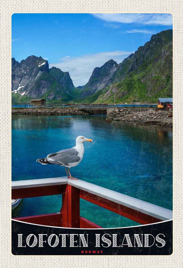 vianmo Holzschild 30x20 cm Lofoten Island Norwegen Fluss Häuschen Bildmotiv Reisemotiv Abenteuer Reisen