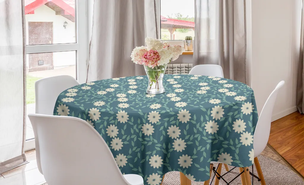 Tovaglia Rotonda Antimacchia 150 cm - Fiori Blu e Avorio Lavabile