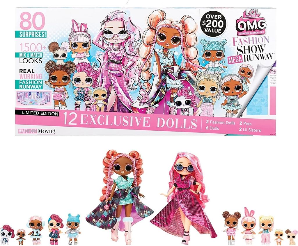 A box of LOL Surprise OMG Fashion Show Mega Runway dolls with smaller dolls displayed below.