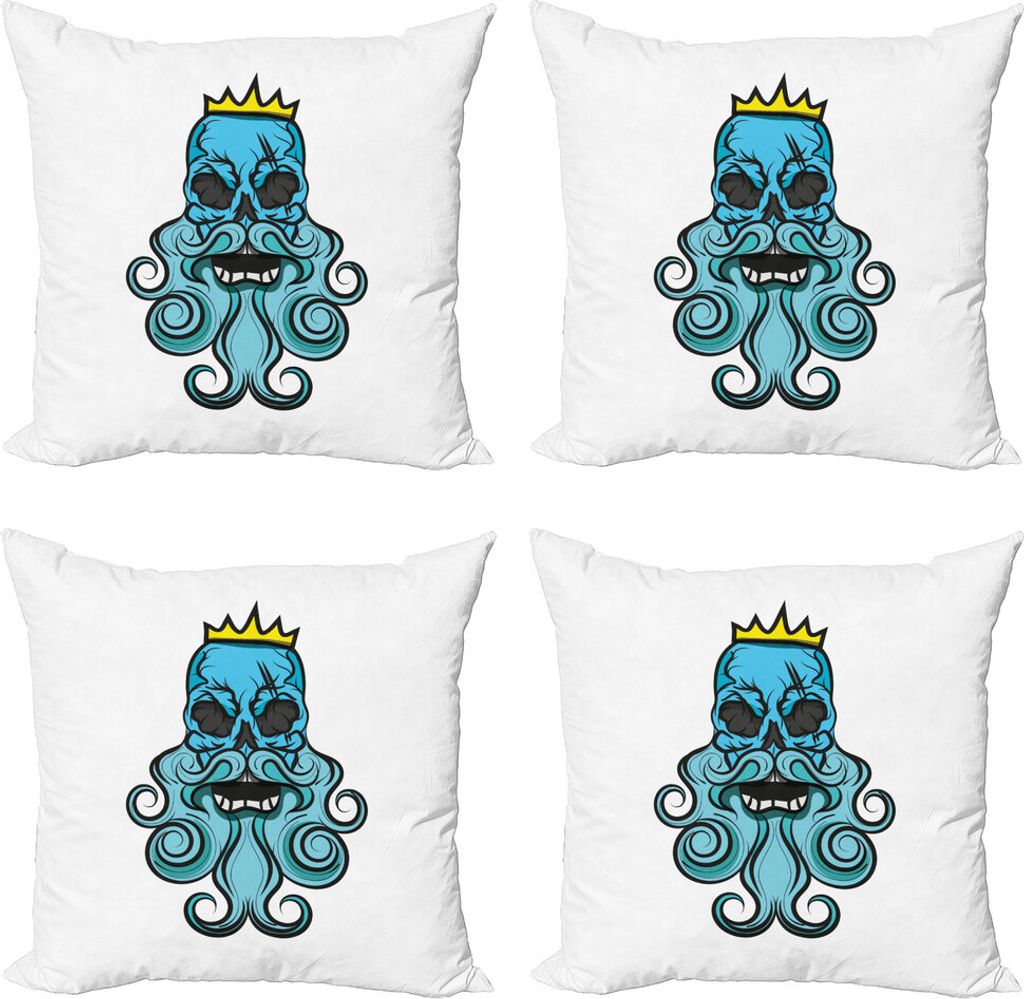 ABAKUHAUS Schädel Kissenbezug Set (4 Stück), Beard Royal Crown Skeleton, Moderner Doppelseitiger Digitaldruck, 50 cm x 50 cm, gelb Türkis