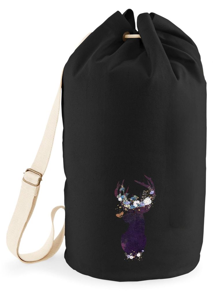 Huuraa Seesack Hirsch Silhouette 20 Liter Black Baumwolle Rucksack Geschenkidee