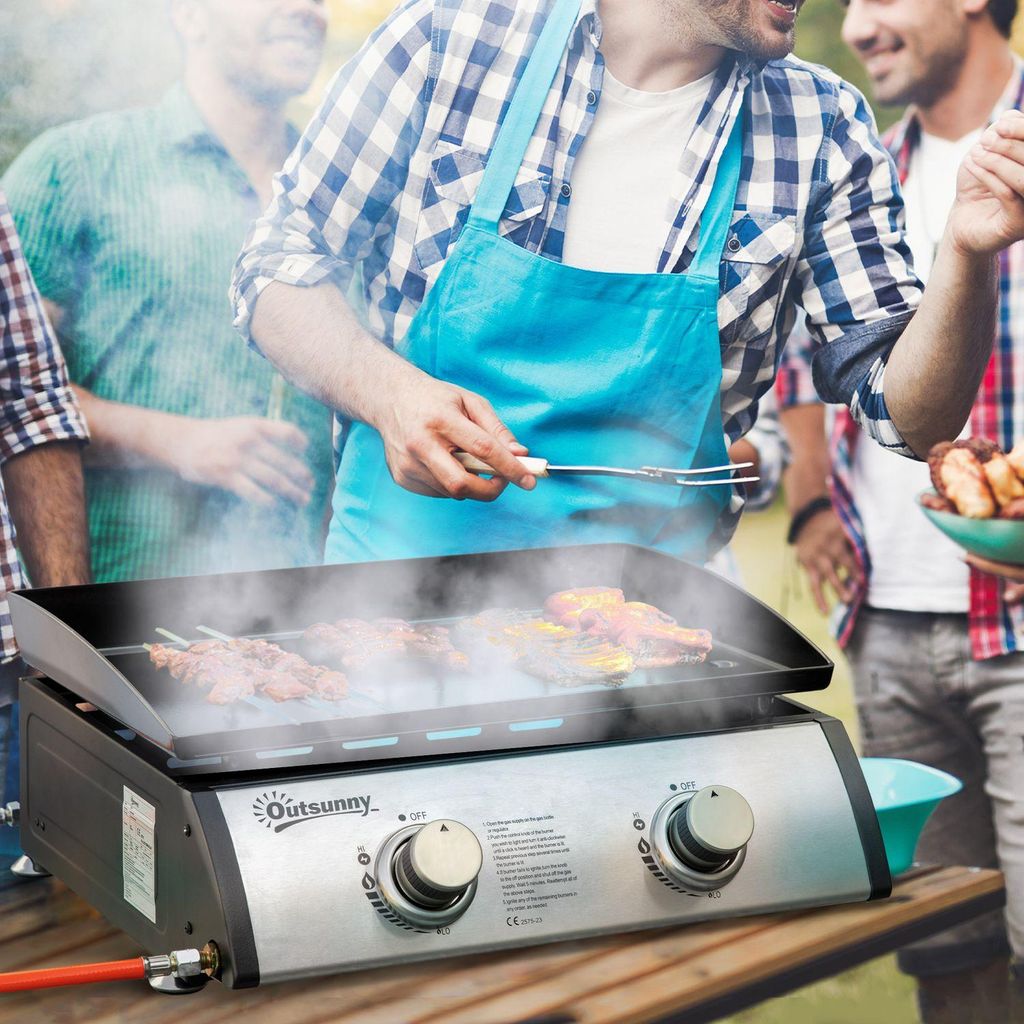 Tischgrill Gasgrill Bbq Mit 2 Brennern, Tischgasgrill Mit Schlauch, Antihaft-Grillplatte, Campinggrill, Edelstahl+Metall, Silber