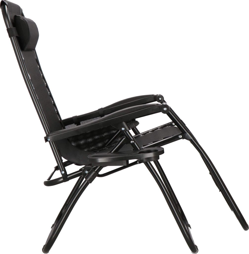 A black zero gravity reclining chair is shown from the side against a white background.
