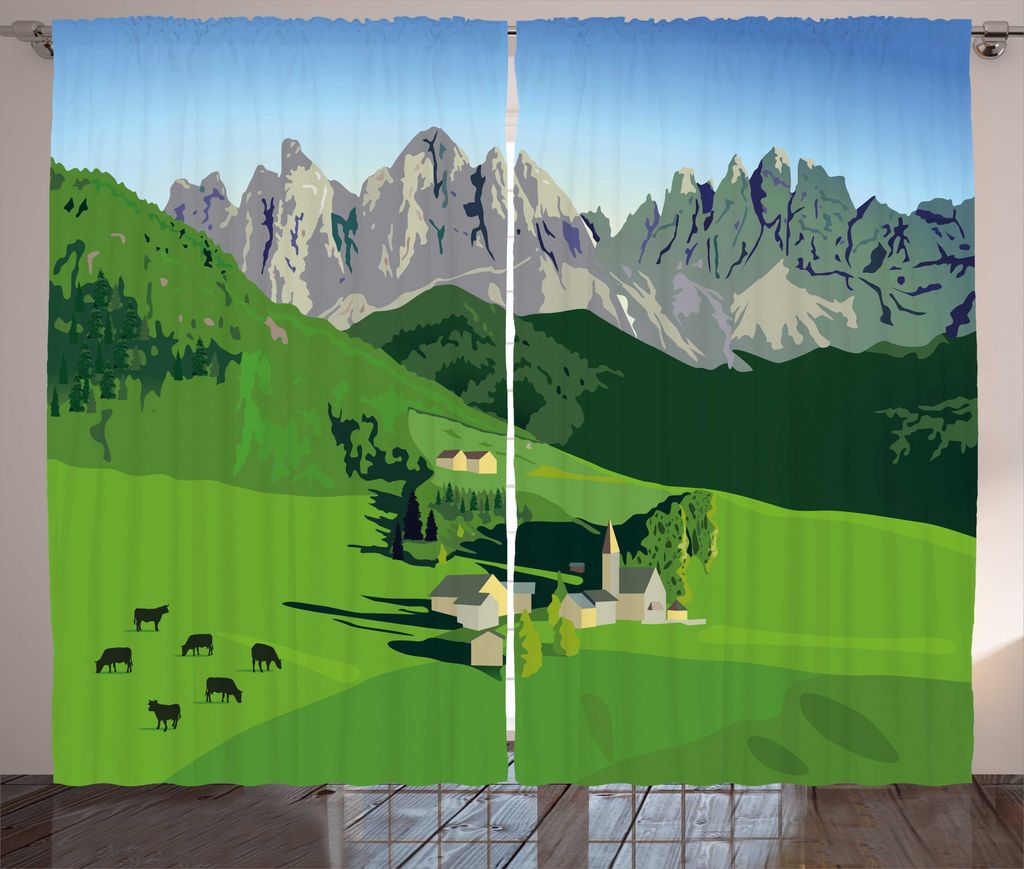 ABAKUHAUS Schweiz Rustikaler Gardine, Alpine Berge Wiese, Schlafzimmer Kräuselband Vorhang mit Schlaufen und Haken, 280 x 225 cm, Mehrfarbig