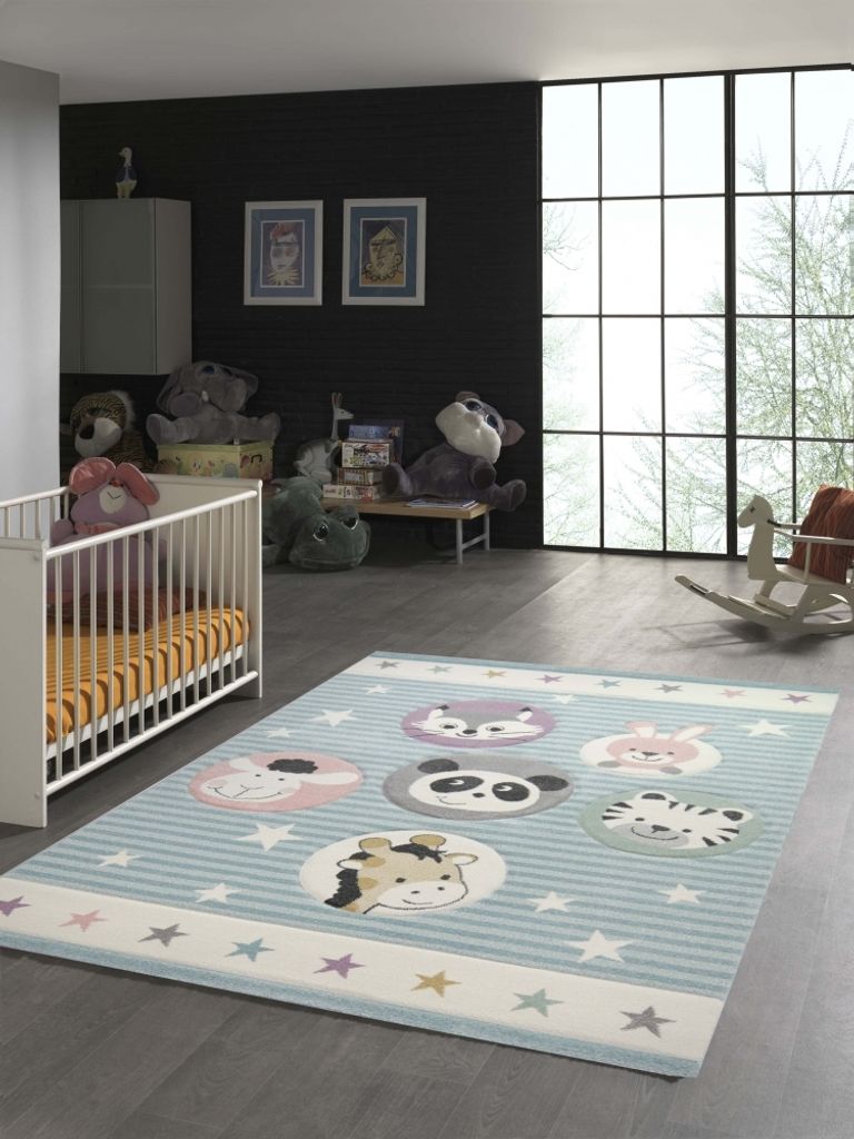 Kinderteppich Tiere Kinderzimmerteppich Zoo Tiere in blau creme Größe - 200 x 290 cm