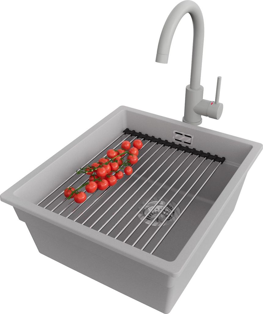 PRIMAGRAN Unterbauspüle Granit Grau 41x47cm, Spülbecken 1 Becken + Ablauf-Set + Küchenzubehörset, Granitspüle ab 45er Unterschrank - Praga