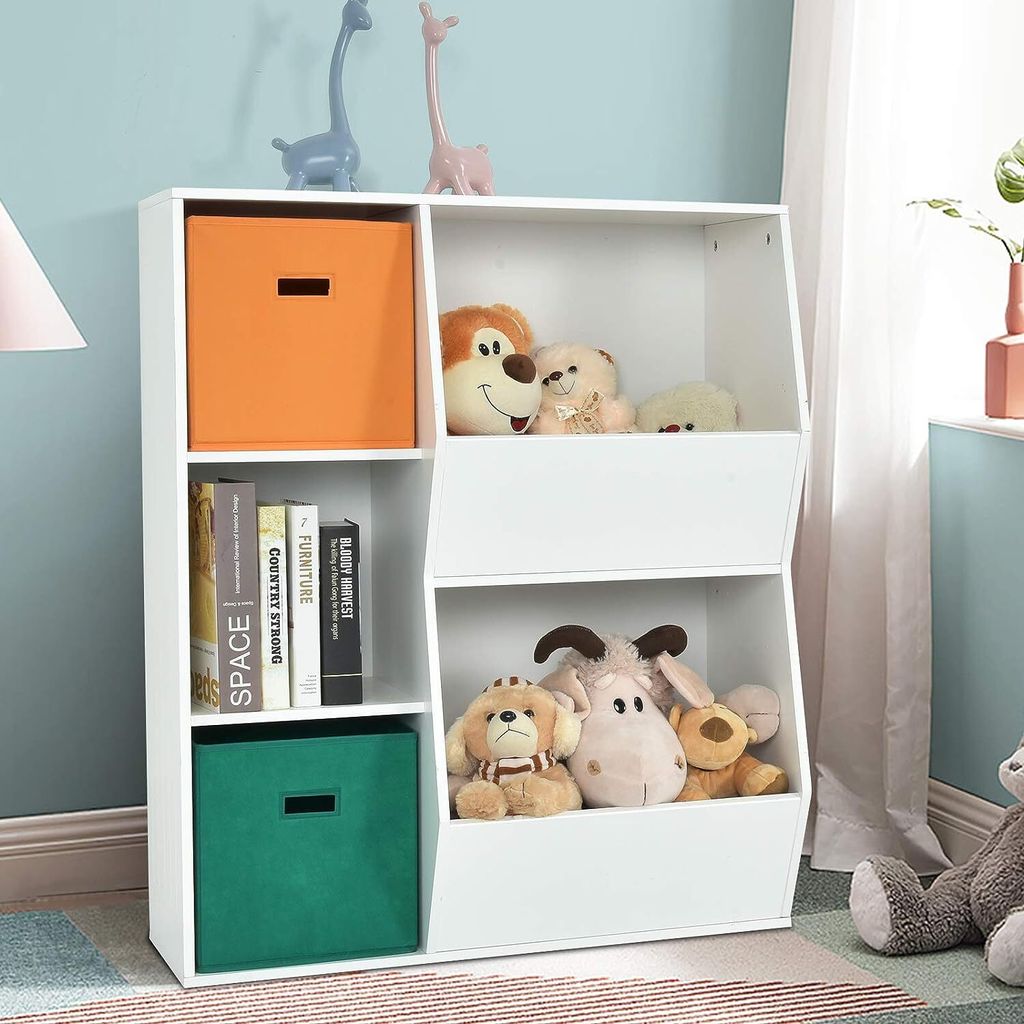 Kinderregal mit 5 Ablage und 2 Stoffbox, Aufbewahrungsregal Bücherregal für Kinder, Spielzeug-Organizer, Spielzeugregal für Kinderzimmer Spielzi...