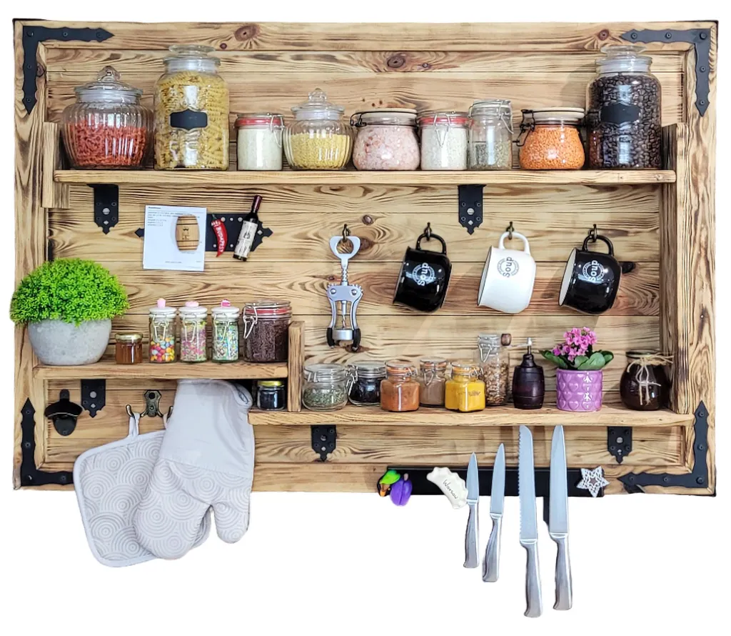 Étagère de cuisine suspendue rustique pour épices 113 x 73 x 14 cm bois