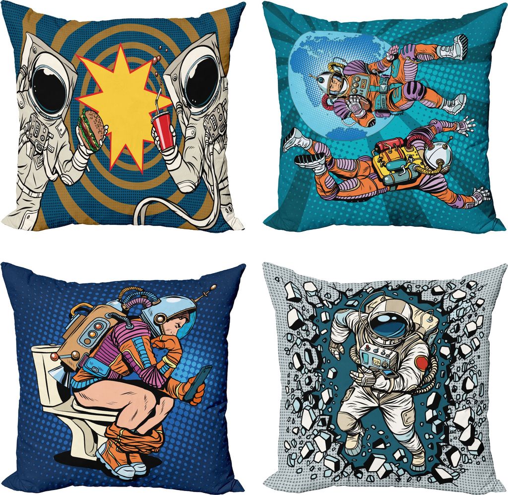 ABAKUHAUS Pop-Art Dekokissen Kissenbezug 4er Pack, Retro Lustige Astronaut Comic, Modern Accent Doppelseitiger Digitaldruck, 50 x 50 cm, Mehrfarbig