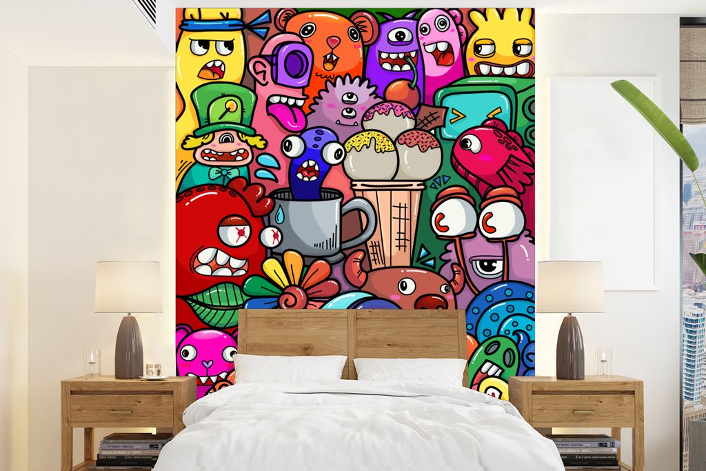 MuchoWow Fototapete für Wohnzimmer oder Schlafzimmer Wandtapete Vinyl Motivtapete Muster - Monster - Regenbogen - Lustig - Abstrakt - Kinder - 2...