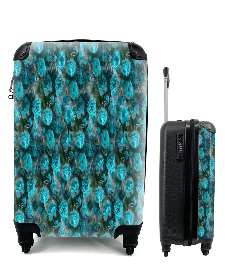 MuchoWow Koffer Handgepäck Trolley Rollkoffer Kleine Reisekoffer mit 4 Rollen - Blumen - Blau - Rosen - Cabin Size < 55x40x23 cm & 55x40x20 cm -...