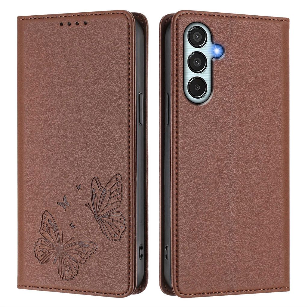 Lederhülle für Samsung Galaxy M35 5G, Schmetterling Prägung Leder Brieftasche Schutzhülle mit Ständer Braun