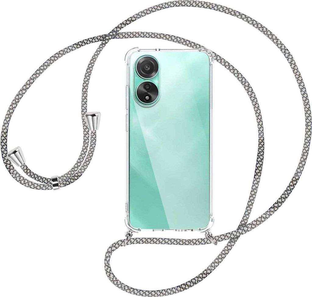 Handykette Backcover-Schutzhülle mit Band (Metall silberfarben) für Oppo A78 4G (CPH2565) - weiß/grau kariert