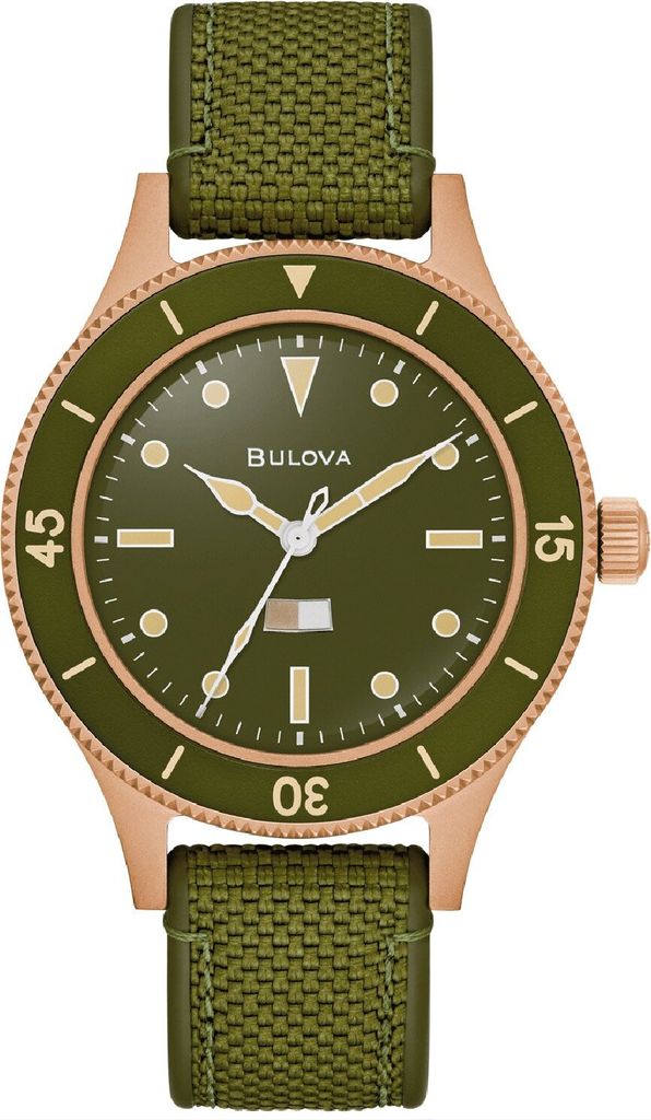 Bulova Herrenuhr Modell 98A324 mit gruenem Armband Zifferblatt Luenet