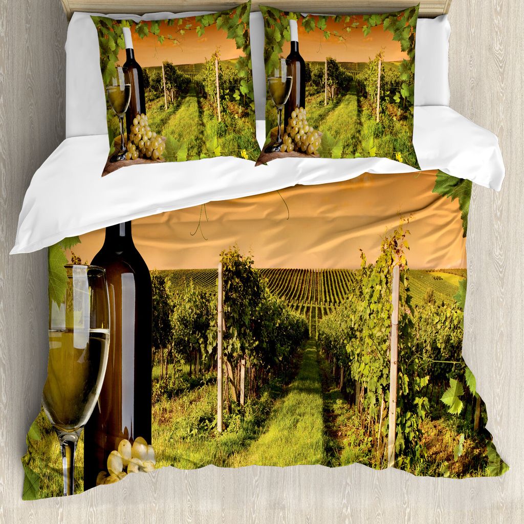 ABAKUHAUS Weingut Bettbezug, Flasche Trauben Sonnenuntergang, Milbensicher Allergiker geeignet mit Kissenbezügen, 200 cm x 200 cm - 80 x 80 cm, gr...