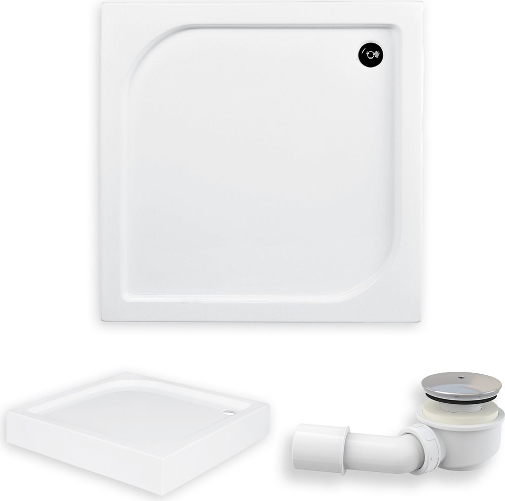 A white square shower tray with a rounded corner and a black drain fitting is shown. Below it, a smaller, angled view of a similar shower tray is displayed, along with a white drain assembly. The items are arranged against a white background.
