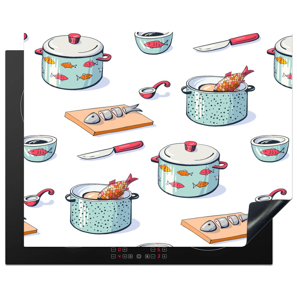 KitchenYeah Herdabdeckplatte Muster - Kochen - Fisch - Pfanne , 65x52cm, Küche Deko, Glaskeramikkochfeld Herdabdeckung, Abdeckplatte fùr Kochfeld
