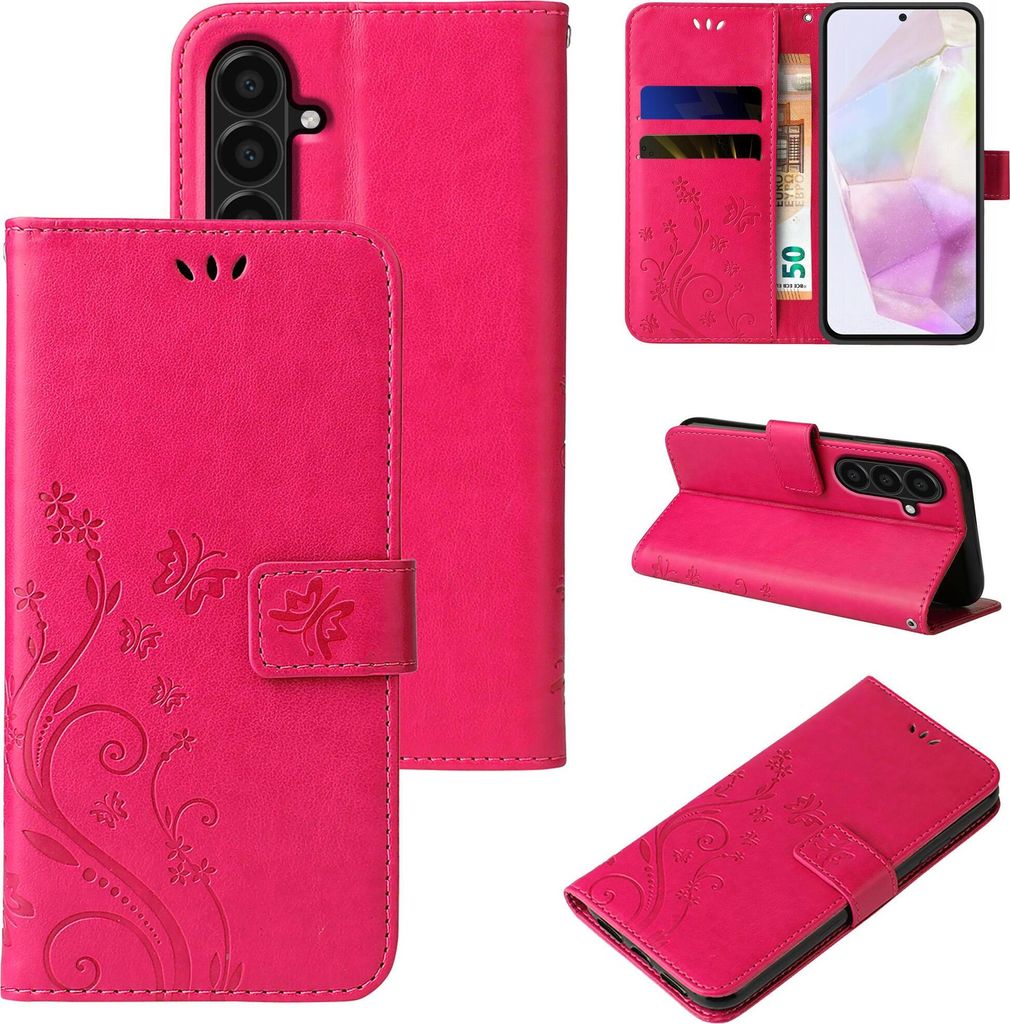 Handyhülle für Samsung Galaxy A36 5G Floral Blumen Schmetterling Flip Cover Hülle Case Klapphülle Handytasche Farbe: Pink