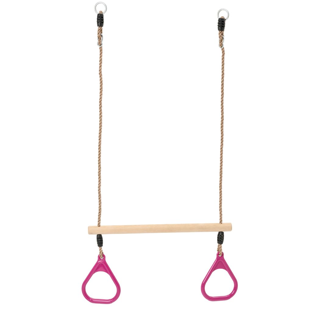 A trapeze swing with pink rings and a wooden bar, suspended by ropes against a white background.