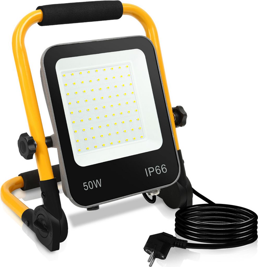 TolleTour Fluter stativ 50W LED Fluter Flutlicht Kaltweiß Gelb Stativ Baustrahler Scheinwerfer Baulampe Außenbereich Innen Garten Garage