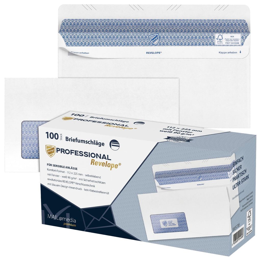 100 Briefumschläge / Din lang+ (112x225mm) / mit Fenster Produktbild 