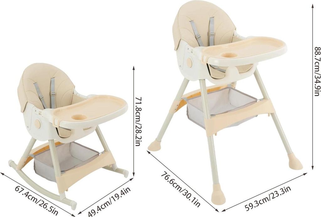Baby Hochstuhl - Kinder Hochstuhl - Rückenlehne 3 Positionen - Esstablett 3 Stufen - 6 Monate–3 Jahre - Max. 15 kg - Khaki
