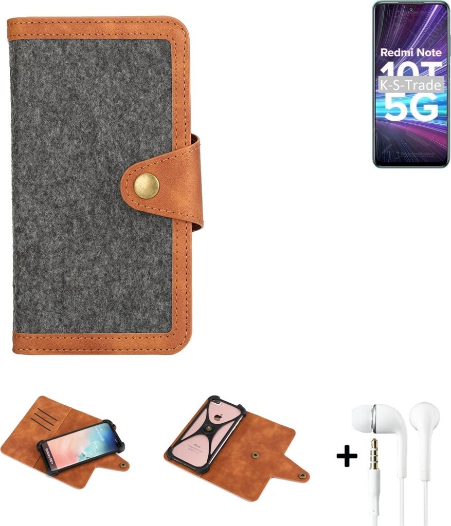 K-S-Trade Handyhülle + Kopfhörer kompatibel mit Xiaomi Redmi Note 10T 5G Schutzhülle Filzhülle Kunstleder dunkelgrau braun (1x)