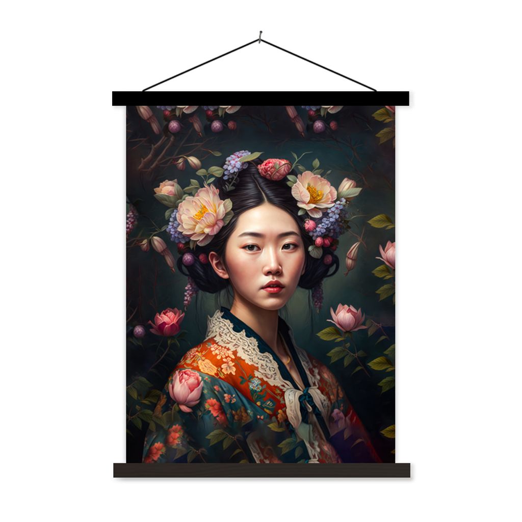 MuchoWow Textilposter Frau - Blumen - Kimono - Porträt - Asiatisch 60x80 cm mit schwarzem Rahmen - Plakathalter
