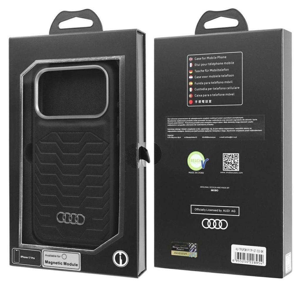 A product packaging for an Audi branded iPhone case, showing the front and back of the box.